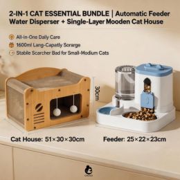 Cat Furniture Combo Set, 3 Style Multi Size Wooden Cat Scratcher House And 2 In One Blue White Automatic Feeder Water Dispenser 1600ml Food 800ml (Option: S FAD BLUE MD TV)